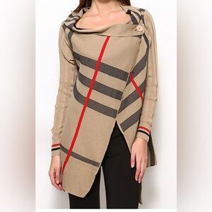 Stylish Tan and Red Striped Asymmetrical Sweater /poncho size S/M